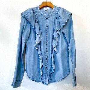 Boho Chambray Button Down Shirt Light Blue Denim with Ruffle Trim, PAIGE size XS